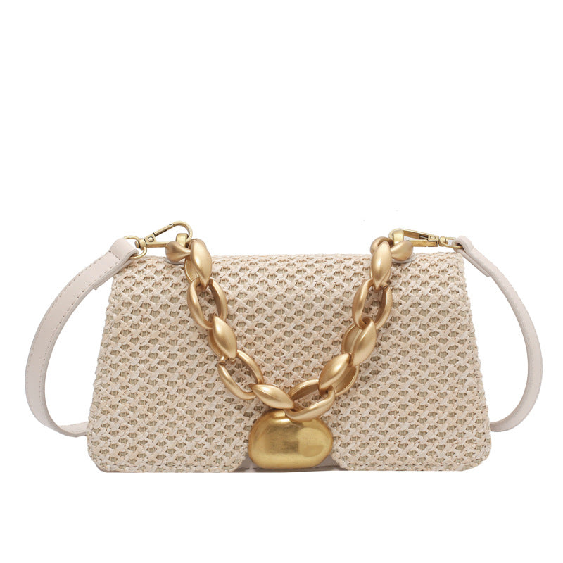 Rattan Chain Shoulder Bag | Small Square Crossbody Bag | Woven Basket Handbag | Women's Summer Bag