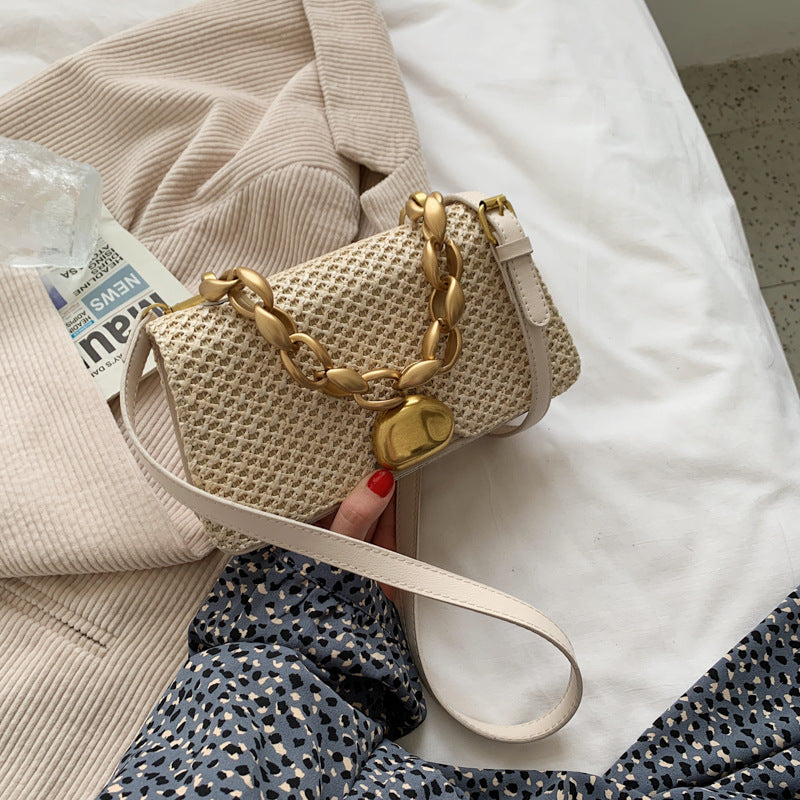 Rattan Chain Shoulder Bag | Small Square Crossbody Bag | Woven Basket Handbag | Women's Summer Bag