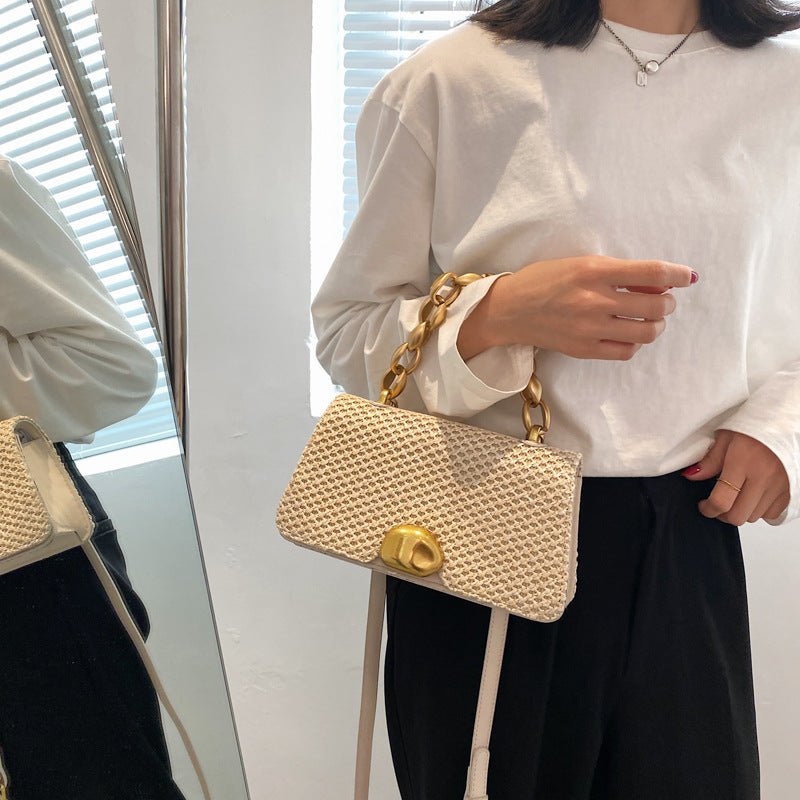 Rattan Chain Shoulder Bag | Small Square Crossbody Bag | Woven Basket Handbag | Women's Summer Bag