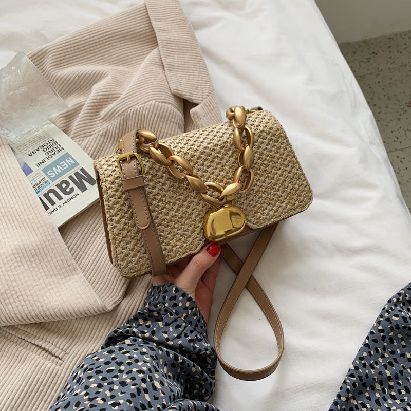 Rattan Chain Shoulder Bag | Small Square Crossbody Bag | Woven Basket Handbag | Women's Summer Bag