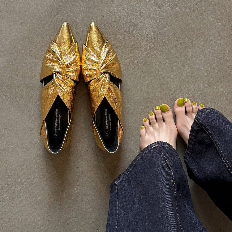 Women's Pointed Toe Slip-On Hidden Wedge Shoes | Cutout Fashion Loafers | Low-Cut Mid-Heel | Black, Gold & Silver