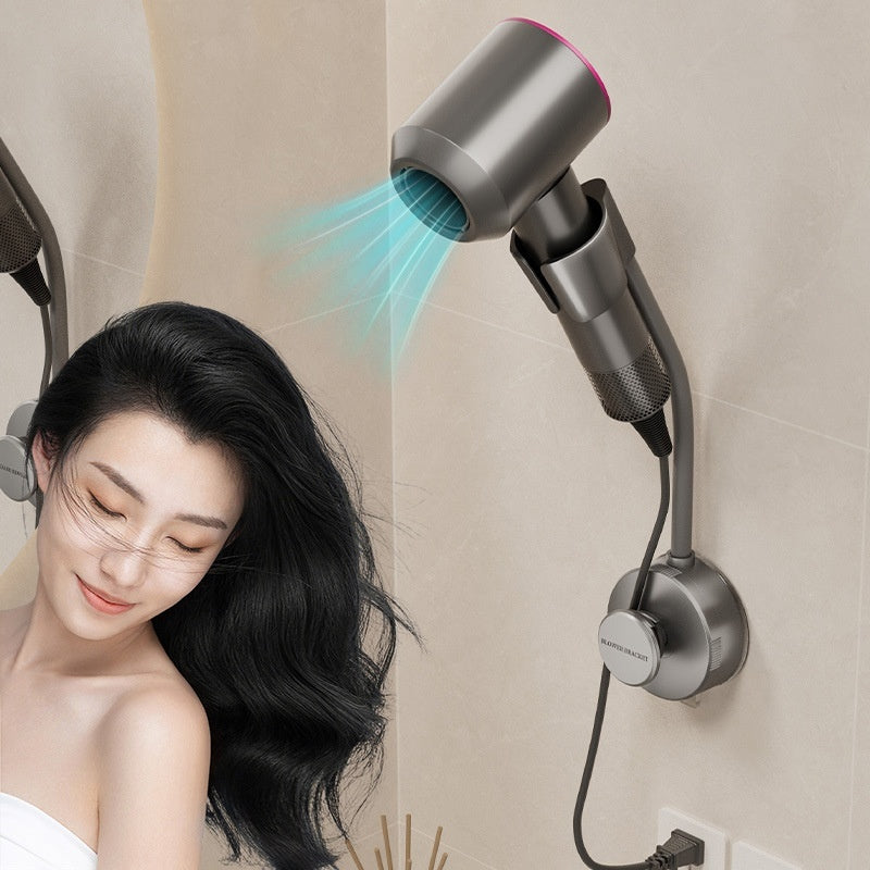 Wall-Mounted Hair Dryer Holder — Hands-Free Suction Bracket, 360° Adjustable, No-Drill ABS Stand