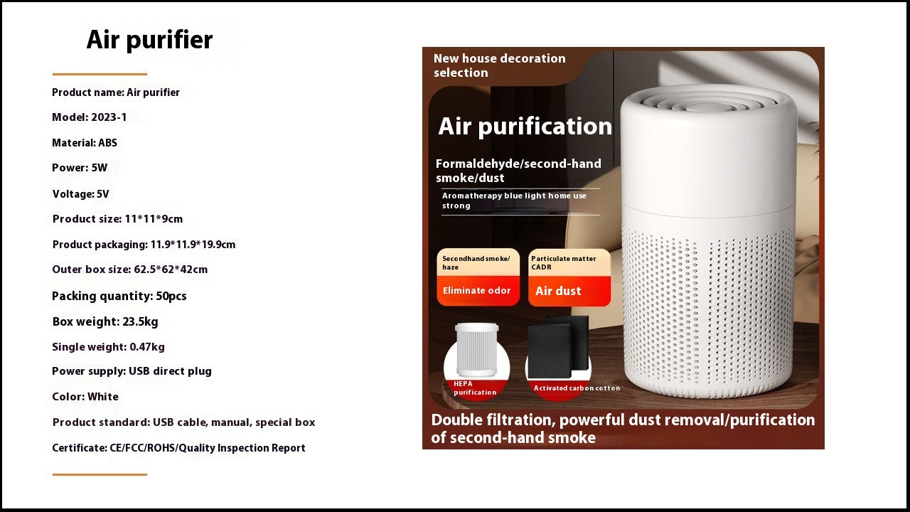 Desktop Air Purifier with HEPA Filter, Activated Carbon &amp; Aromatherapy | USB Powered | Up to 30㎡ | Nordic White